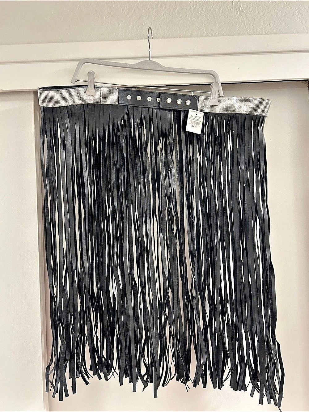 Ashley Stewart Rhinestone Fringe Faux Leather Skirt Mini Skirt Black & Silver 3X